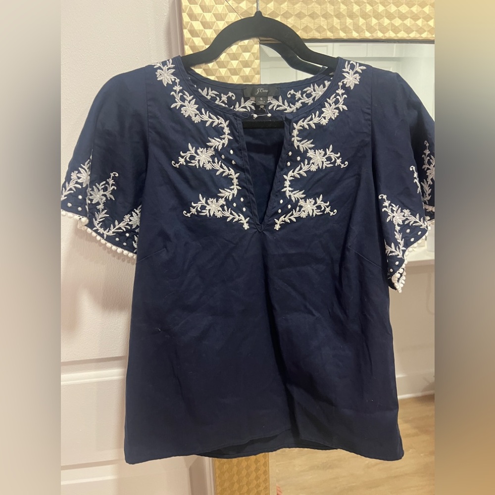J. Crew Navy Blue Short Sleeve Blouse with Embroidered Detail Women's Small
